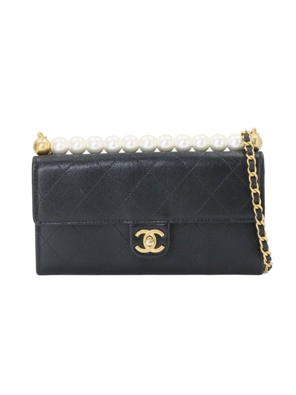 Chanel Quilted Chain Wallet Faux Pearl Leather Black Gold Shoulder Bag